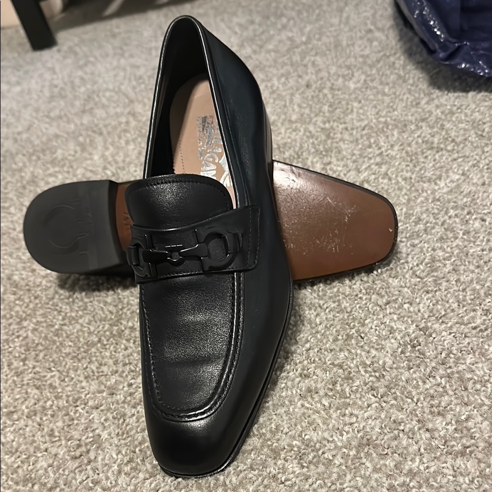 Salvatore Ferragamo Black Leather Loafers Slip-Ons
